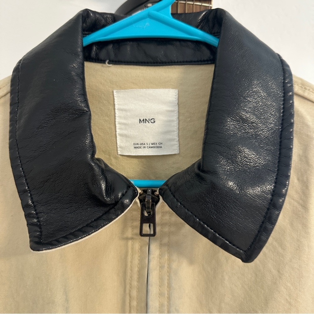 Mango Beige chore Jacket with Black leather Contrast Collar - Picture 6 of 9